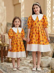 SHEIN Tween Girl Woven Floral Colorblock Beaded Doll Collar Puff Sleeve Cinched Waist Mid-Length Dress, Suitable For Travel, Vacation, Countryside Style, Casual Resort, Boho, Matching Sister & Daughter, Yellow Dress, Kids Dresses Puff Sleeve, Girls Matching Dresses, Girls Puff Sleeve Dress - Yellow - View 5