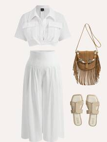 Hourglow Plus Size Casual Solid Color Textured High Waist Loose Pants/2026 /New Year - White - View 3