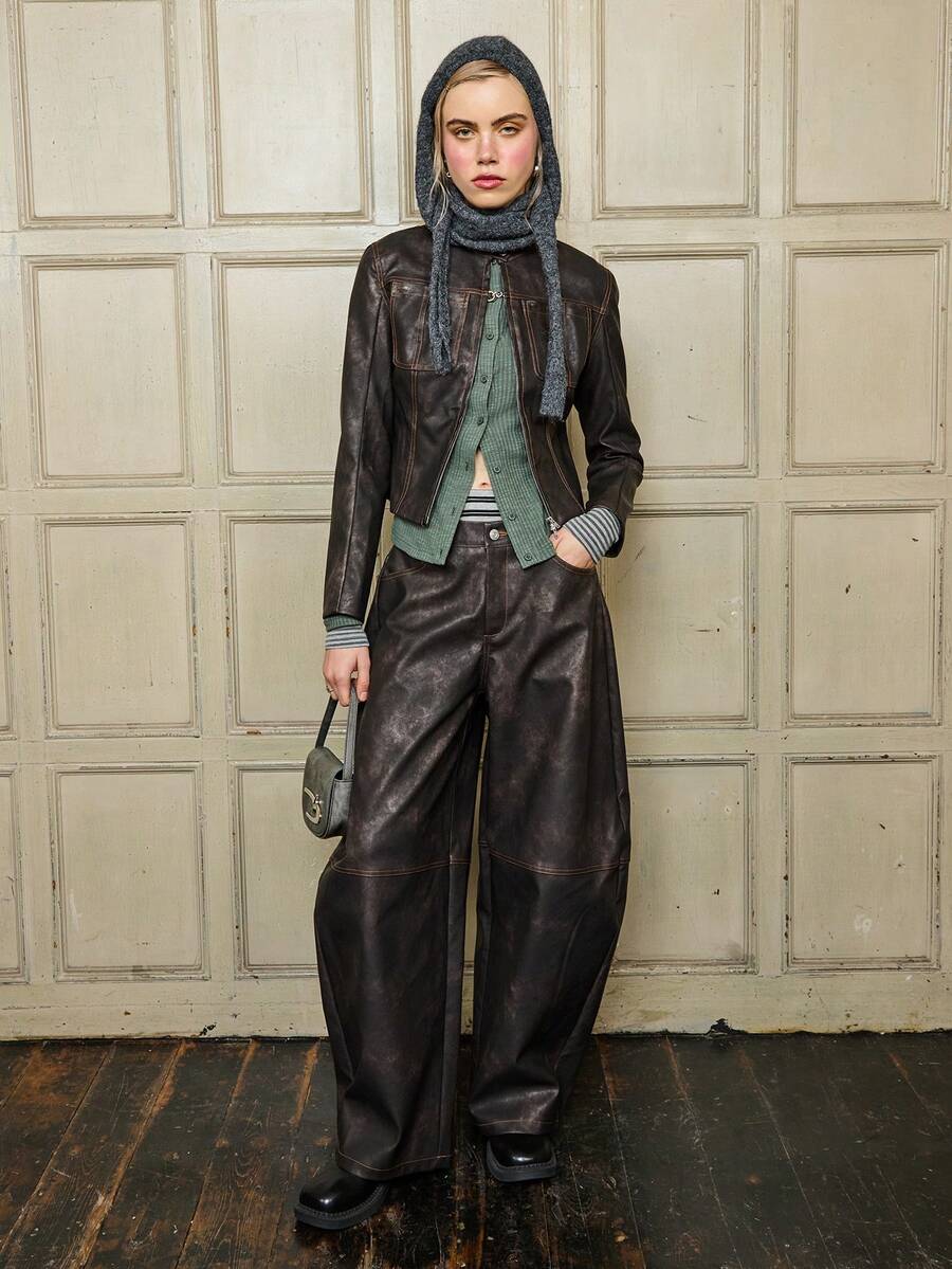 COUREZ Faux Leather Fitted Jacket With Contrast Stitching / Y2K Fall Winter Clothes For Women Oversized Streetwear Brown Jacket Going Out Clothes New Years Party Outfit - Brown - View 1