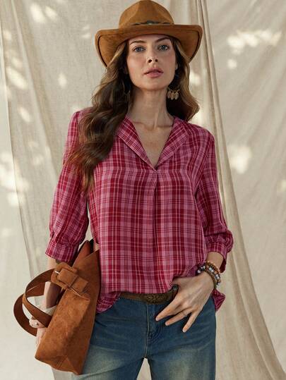 Wildy BOHO Casual American Western Vintage Plaid Distressed Women's Short Sleeve Shirt, Basic Outfit For Spring/Summer Daily Wear, Commuting