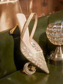 CUCCOO TILAWA Giày cao gót nữ thời trang, thanh lịch, đính đá lấp lánh, thích hợp cho các bữa tiệc. - Vàng - Xem 3