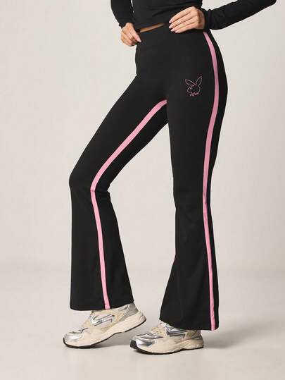 Missguided x Playboy Women's High Rise Bell Bottom Flare Yoga Pants With Pink Side Stripe Detail And Bunny Logo