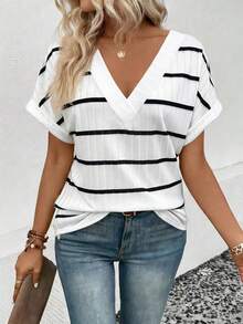 EMERY ROSE Women's New Striped & Graphic Print V-Neck Short Sleeve Casual Versatile T-Shirt, Spring/Summer - Multicolor - View 6