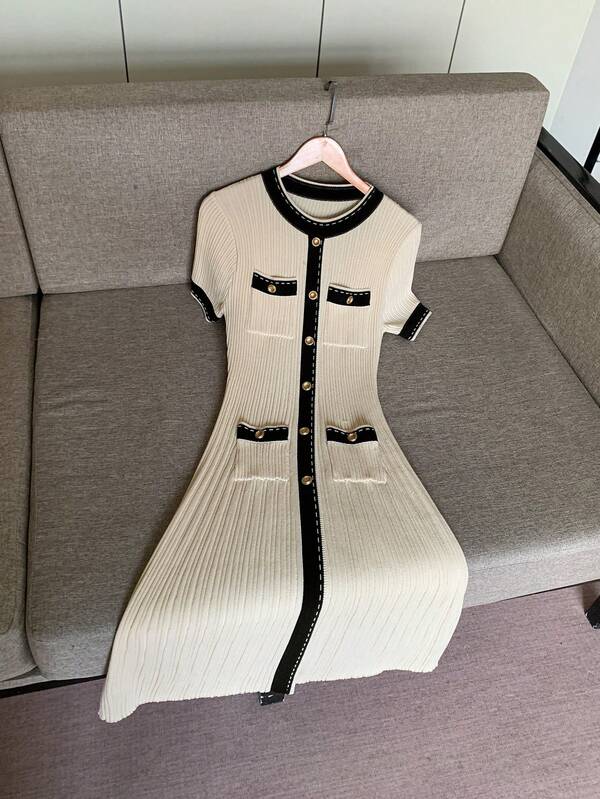 DAZY Women's Elegant Colorblock Pocket Decor Round Neck Sweater Dress, Summer Spring