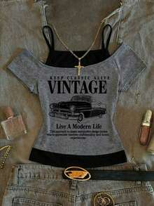 Camiseta de manga corta gris desgastada 2 en 1 para adolescentes, camiseta ajustada y delgada con estampado vintage de coche asimétrico y hombros descubiertos, estilo retro Y2K - Multicolor - Ver 4