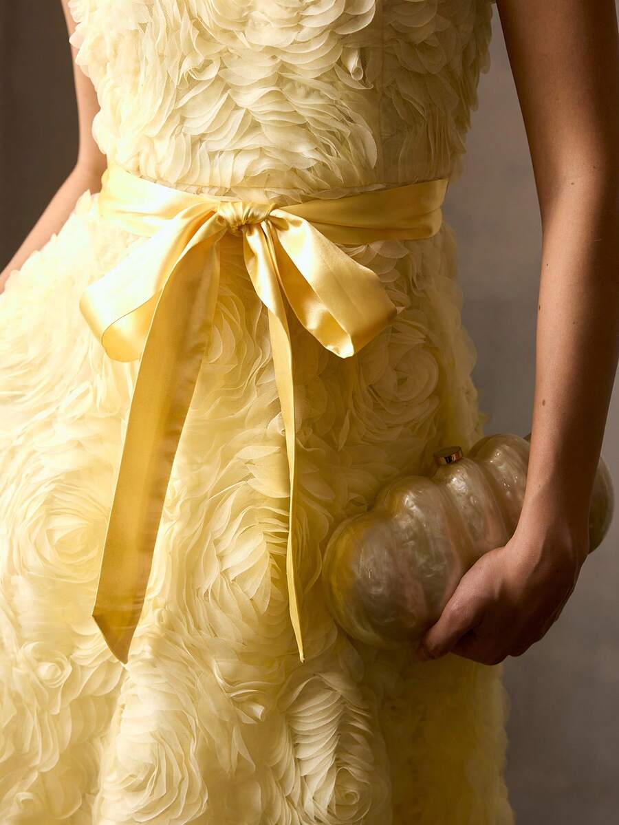 MOTF PREMIUM WOMEN'S SLEEVELESS ROMANTIC TEXTURED SATIN BELTED MIDI DRESS - Yellow - View 1