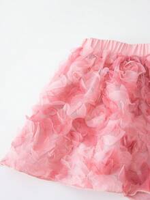 SHEIN Young Girls Sweet Elegant Apricot 3D Rose Textured Mesh A-Line Princess Mini Skirt - Pink - View 3
