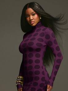 NYA SZN Dress Long Sleeve Fitted Bodycon Turtle Neck Slit Cut Out Midi Length Everyday Casual Business Casual Office Back To School Party Club Evvent Ibiza Holiday Green Knitwear Knit Fall Winter Outfits For Women - Purple - View 4