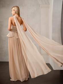 MOTF PREMIUM VESTIDO DE FIESTA ELEGANTE CONVERTIBLE SIN TIRANTES DE LARGO HASTA EL SUELO - DETALLE DE LAZO EN LA ESPALDA, TELA CON CUENTAS DE GASA MEZCLADA, SILUETA ENTALLADA PARA FIESTAS, BODAS Y EVENTOS FORMALES - Champán - Ver 4