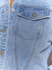 MUSERA Plus Contrast Stitch Cinched Waist Button Through Denim Jacket Autum Everyday Casual Cool Girl Streetwear Uncut - Light Wash - View 6