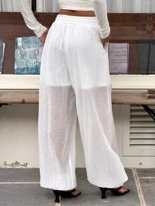 SHEIN EZwear 女士休闲度假通勤纯色抽绳腰半透明梭织九分裤，百搭 - 白色 - 查看 2