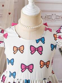 SHEIN Girls Elegant White Summer Fairy Birthday Dress,Floral Print Round Neck Flutter Sleeve Hollow Back Bow Decor Waist Ruffle Hem Casual Fashionable - Pink - View 6