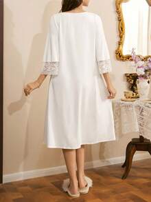 Elegant Bell Sleeve Women's Nightgown, French Riviera Style - White - View 2