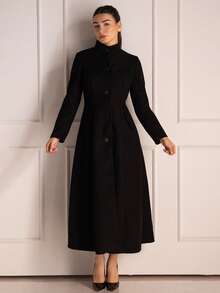 Andrea Bello 女式纯色立领前扣优雅长袖大衣，秋冬 - 黑色 - 查看 3