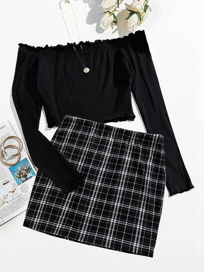 SHEIN Essnce Plus-Size Women's Spring/Summer Fashion Casual Stretchy Comfortable Everyday Off-Shoulder Long-Sleeved Crop Top And Black And White Checkered Skirt Two Pieces Set,Spring Outfits,Curve Set,Cute Set