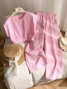 Elladie kids 两件套女童休闲套装，圆领蝙蝠袖衬衫搭配带口袋的松紧腰直筒裤，亚麻质感面料，适合日常穿着。 - 玫紅色 - 查看 5