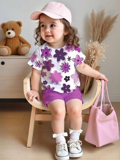 SHEIN 2pcs/Set Baby Girl Casual Floral Print Violet Color Outfit, Round Neck Short Sleeve T-Shirt And Leggings Set, Suitable For Spring/Summer Y2K, Cute Baby Girl Daily Fashion, Baby Girl Fall Fashion, New Fall Style, Blossom Vogue, K-Pop, Girls Outfit Sets, Two Pieces Set, Affordable Fashion Purple Toddler Outfit Flower Toddler Girl Short Set 2t Toddler Girl Purple Clothes Summer Purple Baby Summer Outfit