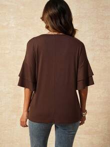 SHEIN Women's Brown Maternity Summer Casual T-Shirt,Bohemian V-Neck Short-Sleeved Ruffled Loose Tops,Babyshower Coffee Brown Shirt Wear - Coffee Brown - View 2