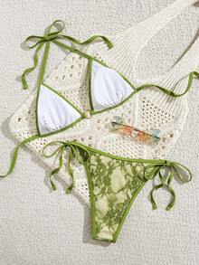 Swim Vcay Conjunto de bikini de 2 piezas con Bottom de triángulo de encaje para mujer, nuevo para primavera/verano 2026, para vacaciones en la playa, sexy - Verde - Ver 2