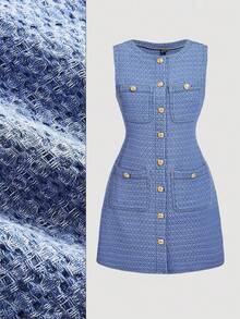 SHEIN MOD 女士圆领金属纽扣多口袋无袖休闲牛仔连衣裙 - 中等水洗藍 - 查看 6