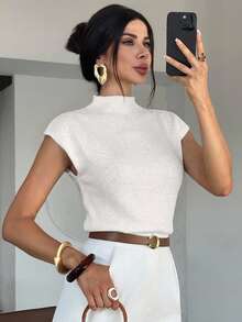 Firerie Elegant High Neck Loose Casual Versatile Sleeveless Knit Sweater Vest Going Out Tops Women,Tops For School In Fall/Winter - White - View 7