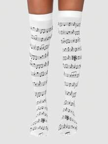 ROMWE 1Pc Y2k Millennial Babes Retro College Style Music Note Printing Pattern Design Long Knee Socks, Fashionable Simple And Versatile Women's Socks, Suitable For Commuting, Parties, Vacations, Photos, Etc - White - View 1
