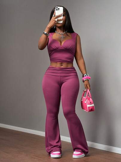 Slaydiva 2026 Spring/Summer New Casual Basic Versatile Slim Fit Solid Color Purple-Red V-Neck Sleeveless Tank Top + Waist Flared Pants Women Two Pieces Set. Suitable For Everyday Wear, Dates, Valentine's Day, Vacations, Travel, Airport Outfits, Brunch Outfits, Party, Sports, Casual Wear. Y2K-B