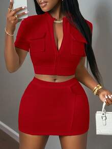 Slaydiva Women's Red Summer Casual Night Out Two Pieces Set,Stand-Up Collar Zipper Short-Sleeved Top & Hip Mini Skirt,Pit Rib Street Pocket Decoration Outfit - Red - View 6
