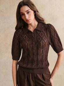Anewsta Women's Vintage Polo Collar Hollow Floral Puff Sleeve Knit Top, Summer - Coffee Brown - View 5