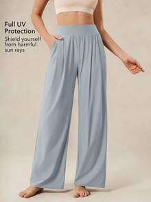 OutZeal Women Sports Pants Summer Daily Casual Silky Soft Cool Touch Nylon Tech Fabric Wide Leg High Waist With Pockets - Blue - View 2