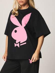 Missguided x Playboy 超大水洗水钻圆领短袖纯棉T恤，饰有大兔子图案印花，适合休闲街头风穿着。 - 黑色 - 查看 4