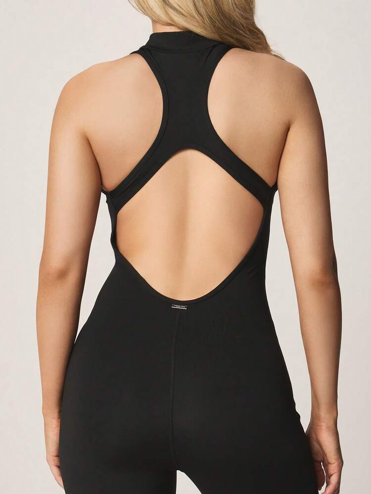 Missguided x Playboy Women High Neck Zipper Halter Active Jumpsuit With Cutout Back And Fitted Leggings For Gym Training