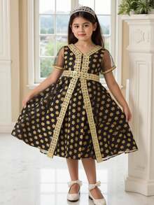 Tween Girl Elegant Round Neck Mesh Long Dress With Gold Ribbon Decor - Black - View 2