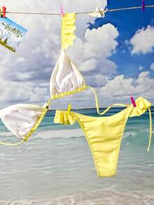 Swim Mod 新款黄色花卉荷叶边性感比基尼套装 - 黃色 - 查看 3