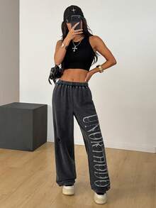 SHEIN EZwear Women's Elastic Waist Flared Leg Letter Print Pants - Black - View 4