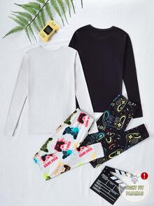 Conjunto de 2 pijamas estilosos para adolescentes, modelo gamer, com modelagem justa. O conjunto preto possui estampa de controle de videogame, enquanto o conjunto branco apresenta detalhes coloridos de controle de videogame. Confeccionados em tecido de malha elástica, proporcionam conforto e são ideais para relaxar e atividades leves, refletindo a vibe jovem dos eSports. - Multicolorido - Ver 2