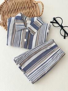 SHEIN Playful Pals 男婴夏季翻领开衫套装（2件套），上衣：黑白条纹短袖翻领衬衫，下装：黑白条纹短裤，休闲度假装 - 藍色 - 查看 7