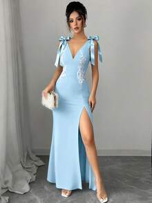 Rafferiza Ladies' Spring/Summer/Autumn Deep V Bow Element Heavy Embroidery Floral Dress, Split Fish Tail Skirt Elegant Slim Dating Party Dress - Multicolor - View 3