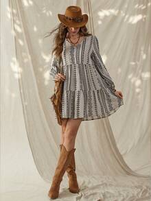 Wildy 休闲美式西部乡村复古条纹春夏日常基本款长袖迷你连衣裙 - 彩色 - 查看 7