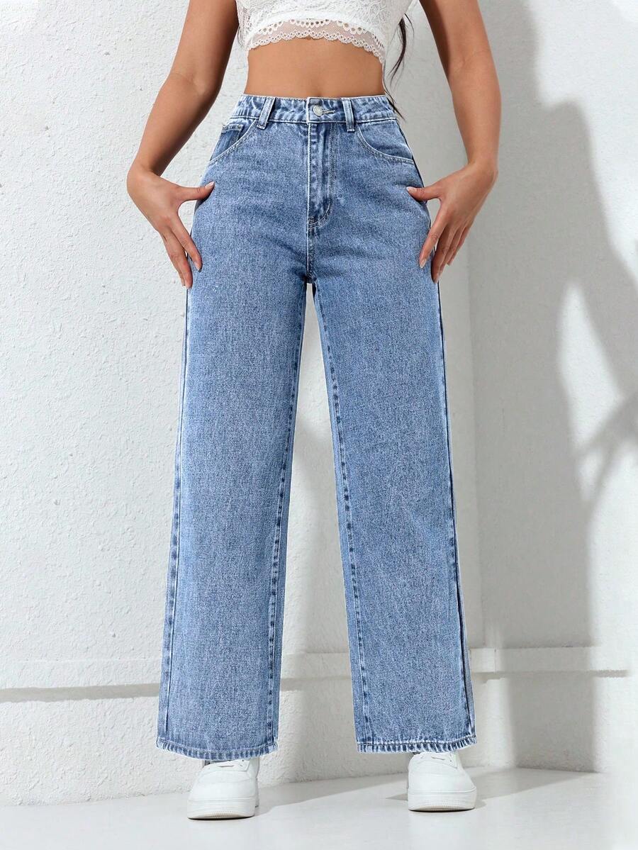 SHEIN PETITE Women's Casual Everyday Slant Pocket Washed Straight Leg Jeans - Blue - View 1