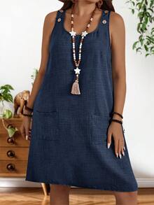EMERY ROSE 大码女式夏季休闲度假风纯色圆领拼接口袋宽松连衣裙 - 藏蓝色 - 查看 4