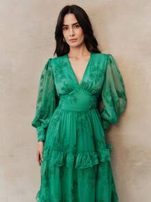 Anewsta 绿色优雅深V领刺绣泡泡袖层叠荷叶边下摆女式连衣裙 - 綠色 - 查看 4