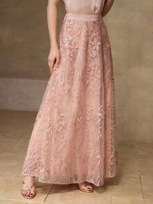 MOTF PREMIUM WOMEN'S SPRING/SUMMER MESH A-LINE EMBROIDERED SKIRT - Pink - View 6