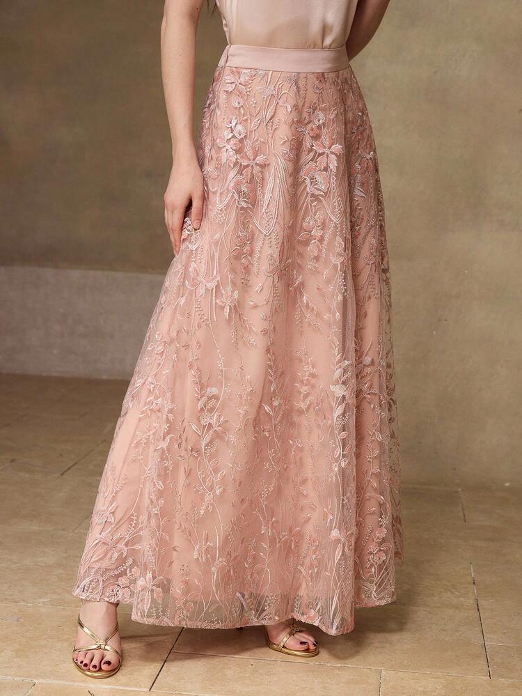 WOMEN'S SPRING/SUMMER MESH A-LINE EMBROIDERED SKIRT