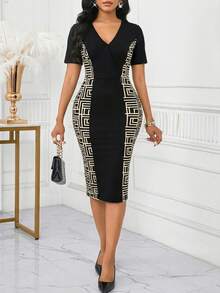 SHEIN Lady Women's Elegant Geometric Print Patchwork Bodycon Dress, Summer - Multicolor - View 5