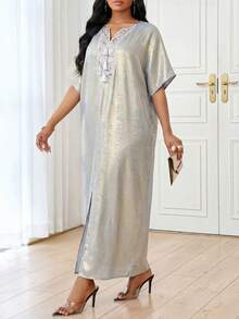 SHEIN Lady Women's Elegant Vacation Style Notched Neck Sequin Tassel Batwing Sleeve Loose Dress - Multicolor - View 3