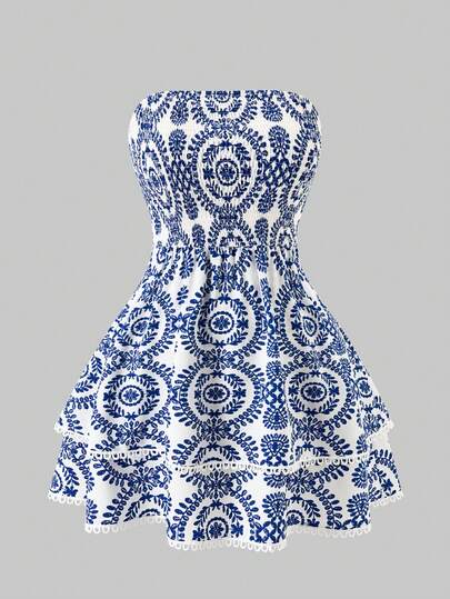 SHEIN PETITE CURVE Abito mini da donna taglie forti, stile boho, con stampa, senza spalline, con volant sul bordo e sul collo, abito casual da spiaggia e vacanza