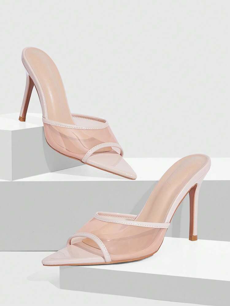 CUCCOO SZL Apricot Mirror Mesh Patchwork Fashionable Sexy Pointed Toe Mule High Heel Sandals For Women Prom Heels