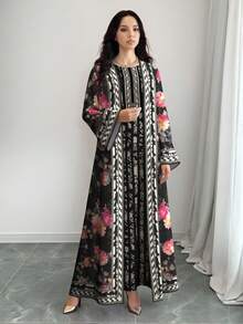 SHEIN Najma Conjunto informal de estilo árabe con estampado de flores y plantas con silueta a rayas de manga larga para mujer, primavera/otoño - Multicolor - Ver 3