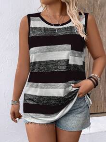 Plus Size Round Neck Striped & Floral Print Short Loose Knit Vest Graphic Tees Women Tops - Black - View 1